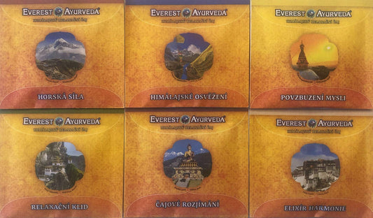 Relaxing teas in funnel bags Everest Ayurveda six-pack with Ayurvedic herbal blends for calming, refreshing, and mind rejuvenation