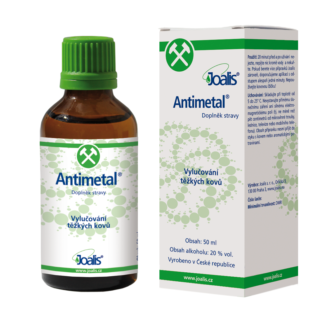 Antimetal 50ml bottle and box detox supplement for heavy metal removal by Joalis