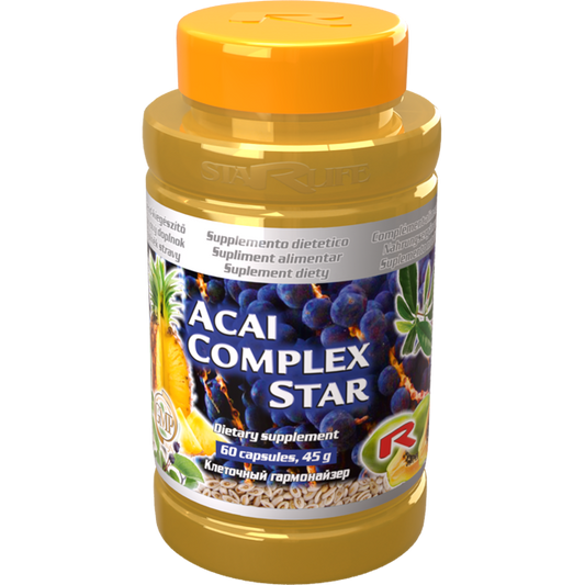 Acai Complex Star dietary supplement bottle with 60 capsules containing acai berry extract and natural ingredients for antioxidant support