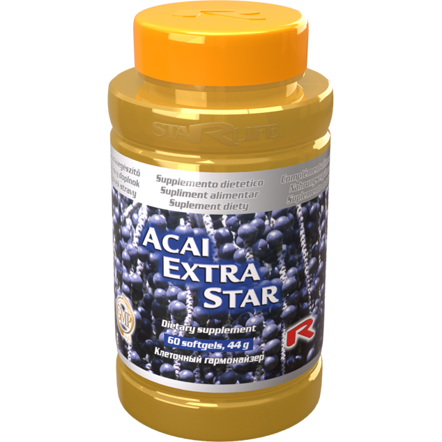 Acai Extra Star dietary supplement bottle with 60 softgels and acai berry design