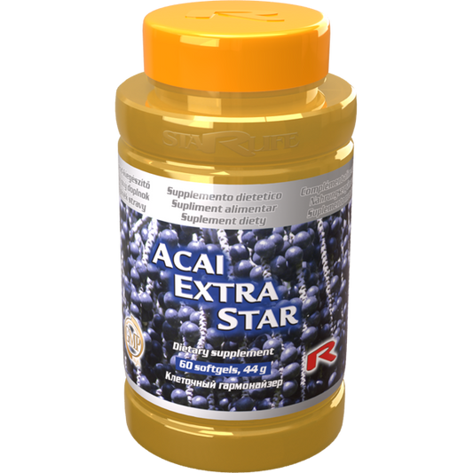 Acai Extra Star dietary supplement bottle with 60 softgels and acai berry design