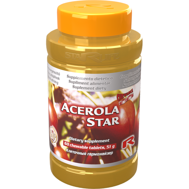 Acerola Star dietary supplement bottle with 60 chewable tablets rich in vitamin C and antioxidants