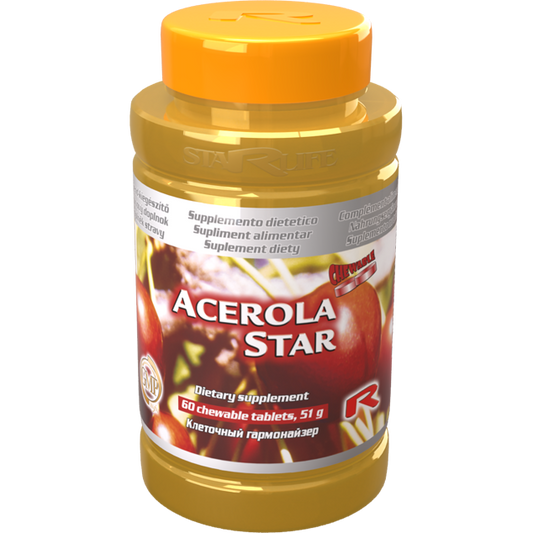 Acerola Star dietary supplement bottle with 60 chewable tablets rich in vitamin C and antioxidants