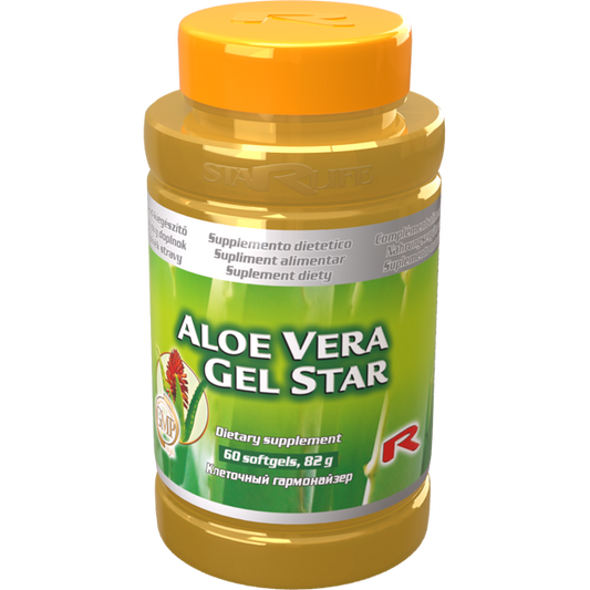 Aloe Vera Gel Star dietary supplement bottle with 60 softgels for detox and healing