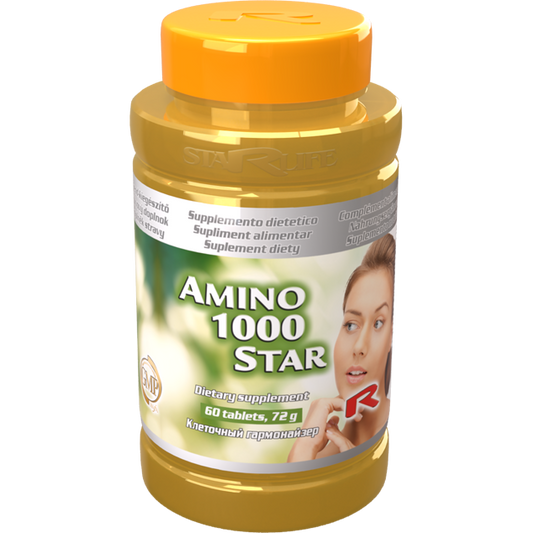 Amino 1000 Star dietary supplement bottle with 60 tablets supporting vitamin C and collagen production