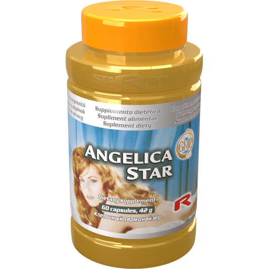 Angelica Star dietary supplement bottle with Angelica sinensis extract capsules for women's health, 60 count