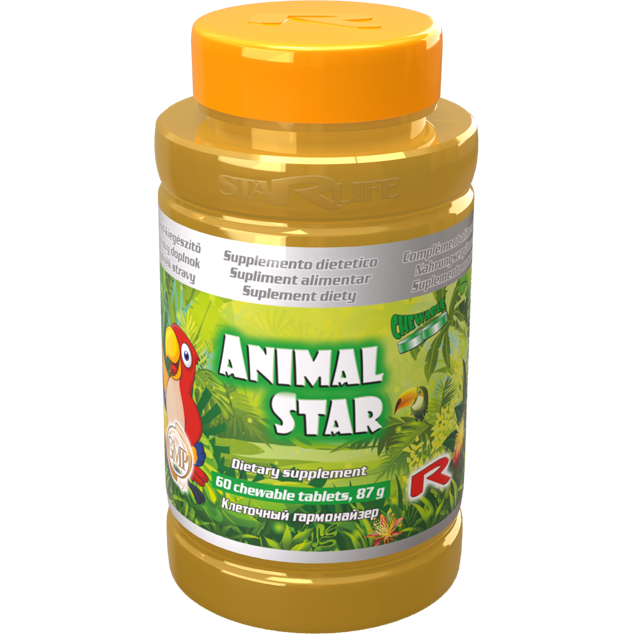 Animal Star dietary supplement for children's healthy growth, 60 chewable tablets in yellow bottle with orange cap and colorful label