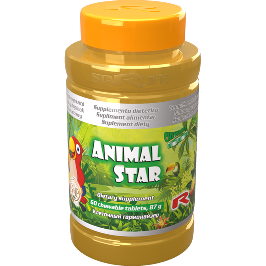 Animal Star dietary supplement for children's healthy growth, 60 chewable tablets in yellow bottle with orange cap and colorful label