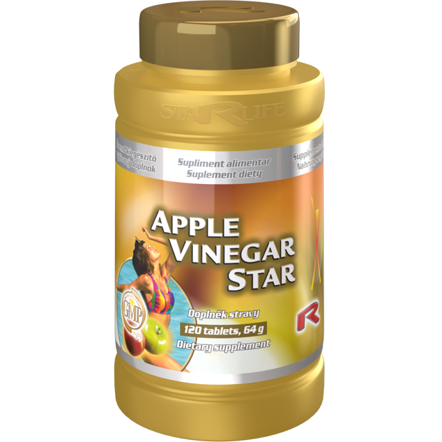 Apple Vinegar Star dietary supplement bottle with 120 tablets promoting digestion and metabolism support