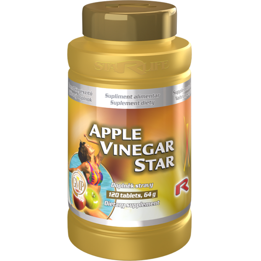 Apple Vinegar Star dietary supplement bottle with 120 tablets promoting digestion and metabolism support