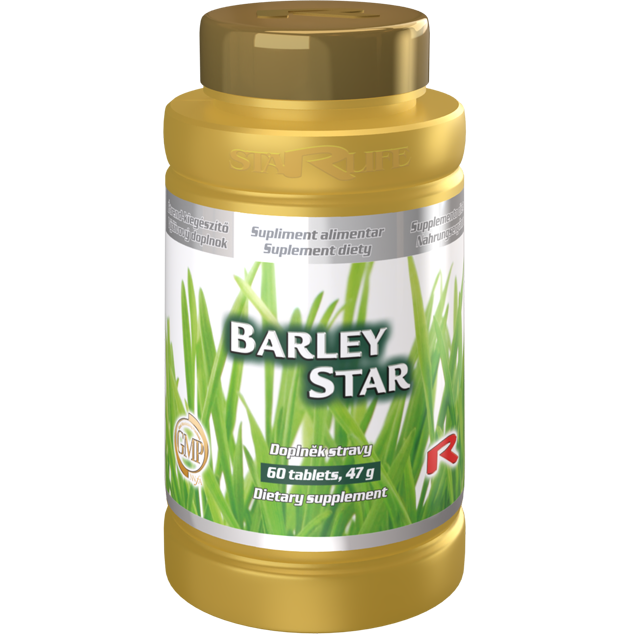 Barley Star dietary supplement bottle with sprouted barley, 60 tablets for health and detoxification
