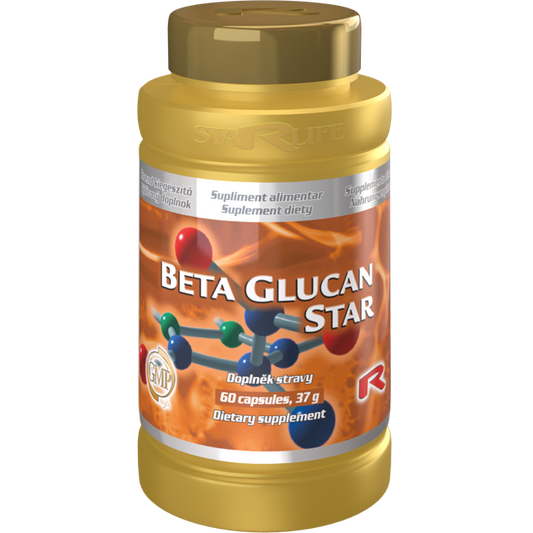Beta Glucan Star dietary supplement bottle, 60 capsules for immune support and anti-aging benefits