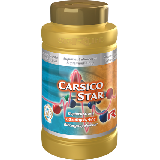 Carsico Star dietary supplement bottle with 60 softgels containing Coenzyme Q10, L-carnitine, and vitamin E for energy and heart health support