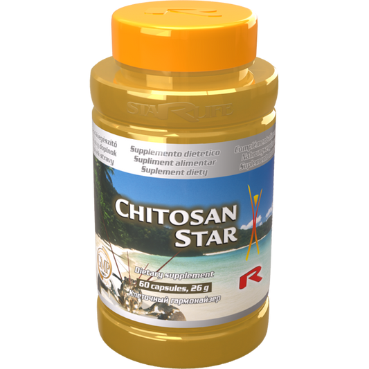 Chitosan Star dietary supplement bottle with 60 capsules and orange lid