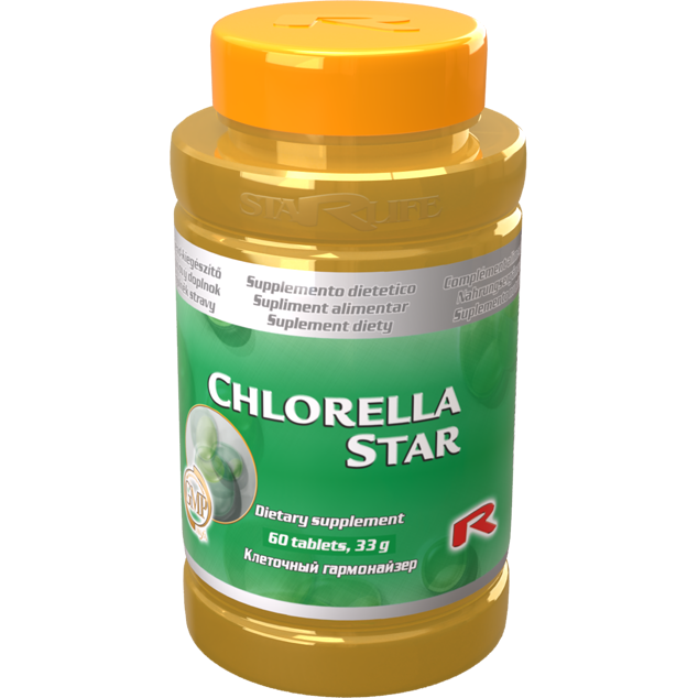 Chlorella Star dietary supplement bottle with 60 tablets for immune support and detoxification