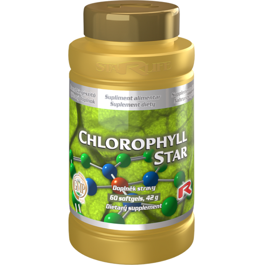 Chlorophyll Star dietary supplement bottle with 60 softgels for oxygen metabolism and skin health