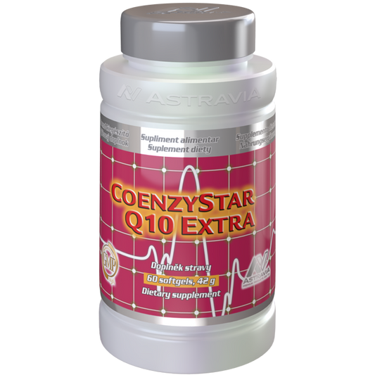 Coenzystar Q10 Extra dietary supplement bottle with 60 softgels for energy and heart health containing Coenzym Q10