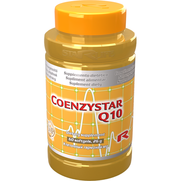Coenzystar Q10 dietary supplement bottle with 60 softgels for antioxidant support and cardiovascular health