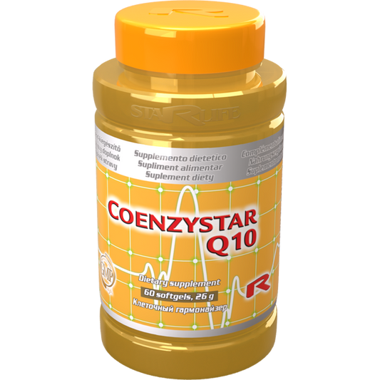 Coenzystar Q10 dietary supplement bottle with 60 softgels for antioxidant support and cardiovascular health