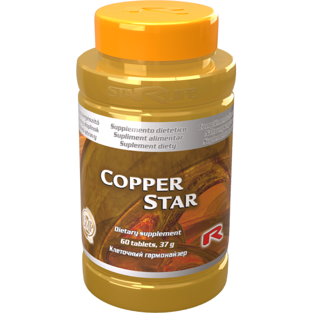 Copper Star dietary supplement bottle with 120 tablets for connective tissue, metabolism, nervous system, and immune support.