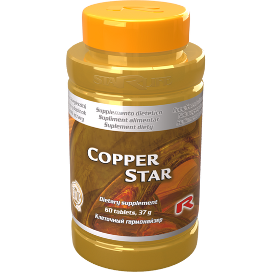 Copper Star dietary supplement bottle with 120 tablets for connective tissue, metabolism, nervous system, and immune support.