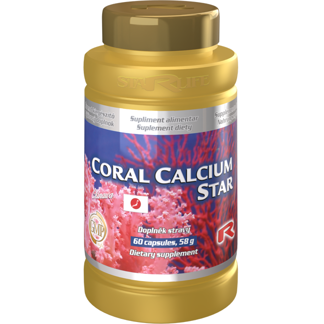 Coral Calcium Star dietary supplement bottle with coral calcium capsules, 60 count, for bone and health support