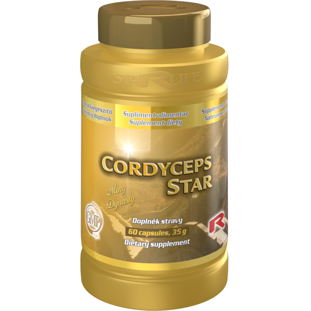 Cordyceps Star dietary supplement bottle with 60 capsules for immune support and cancer prevention.