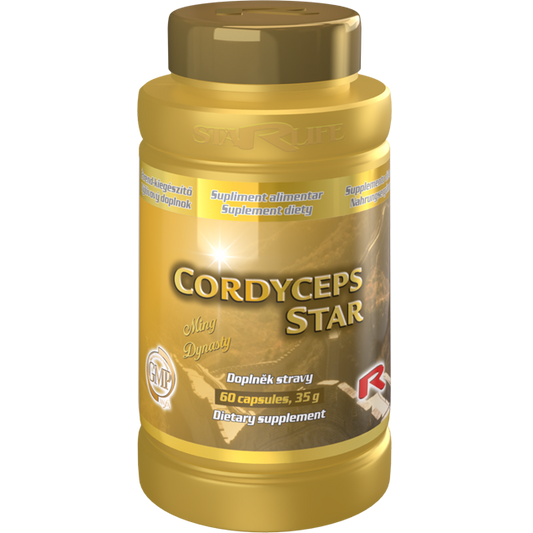 Cordyceps Star dietary supplement bottle with 60 capsules for immune support and cancer prevention.