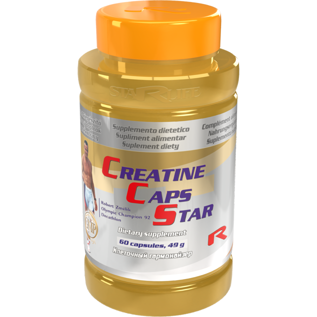 Bottle of Creatine Caps Star dietary supplement with 60 capsules for muscle strength and energy enhancement