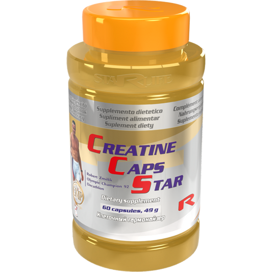Bottle of Creatine Caps Star dietary supplement with 60 capsules for muscle strength and energy enhancement