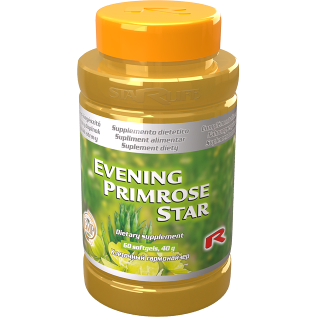 Bottle of Evening Primrose Star dietary supplement with 60 softgels and orange lid