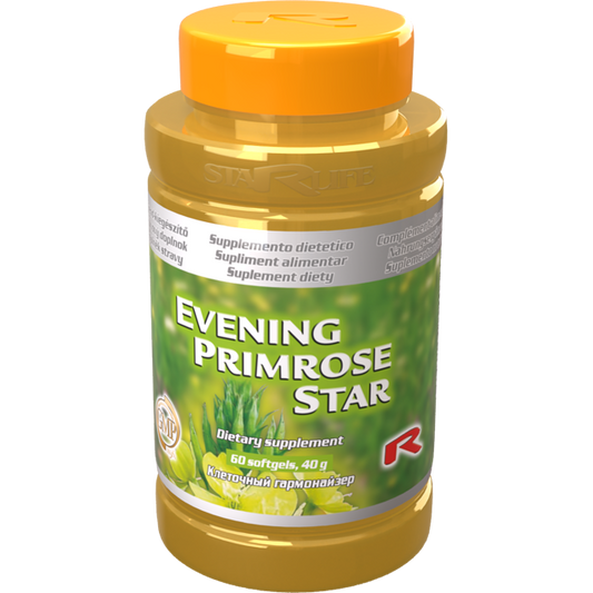 Bottle of Evening Primrose Star dietary supplement with 60 softgels and orange lid