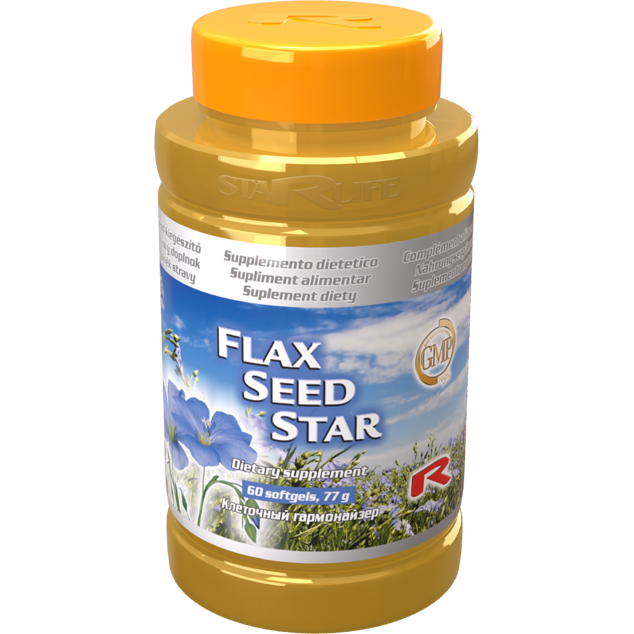 Flax Seed Star dietary supplement bottle with 60 softgels containing omega fatty acids for health benefits