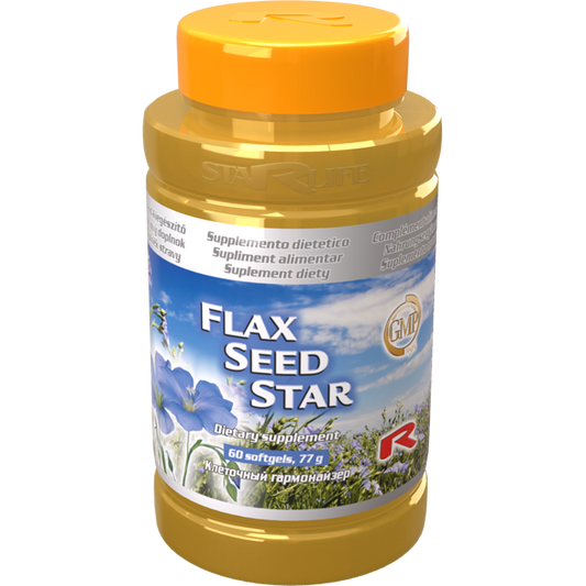 Flax Seed Star dietary supplement bottle with 60 softgels containing omega fatty acids for health benefits