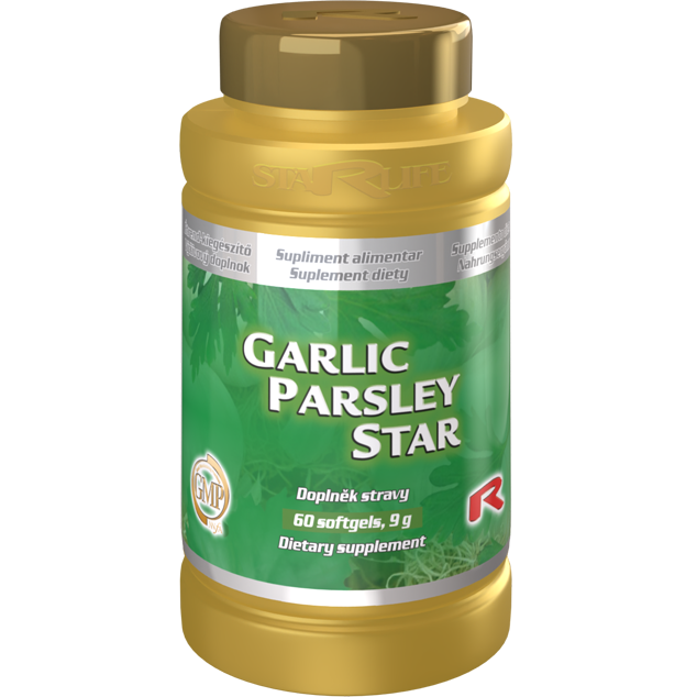 Garlic Parsley dietary supplement bottle with 60 softgels supporting cardiovascular and kidney health
