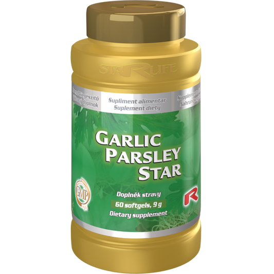 Garlic Parsley dietary supplement bottle with 60 softgels supporting cardiovascular and kidney health