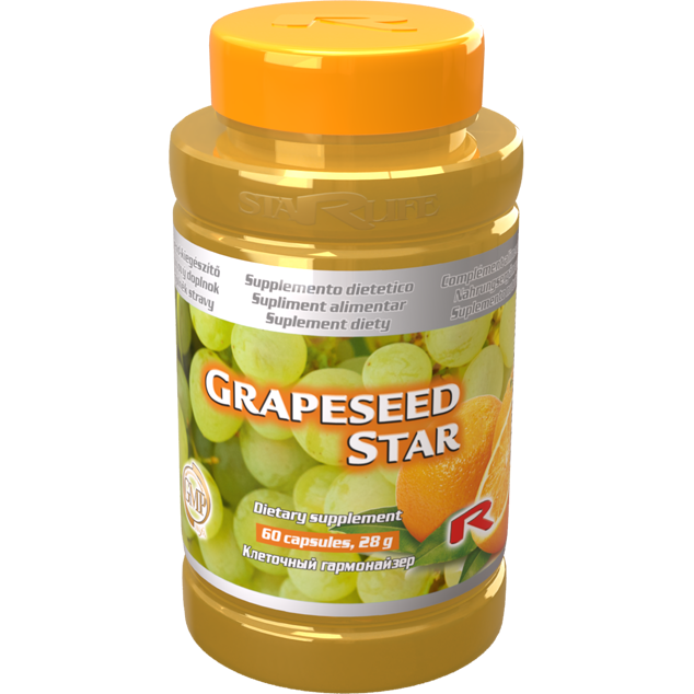 Grapeseed Star dietary supplement bottle with 60 capsules, antioxidants, and citrus bioflavonoids for metabolism and heart health.