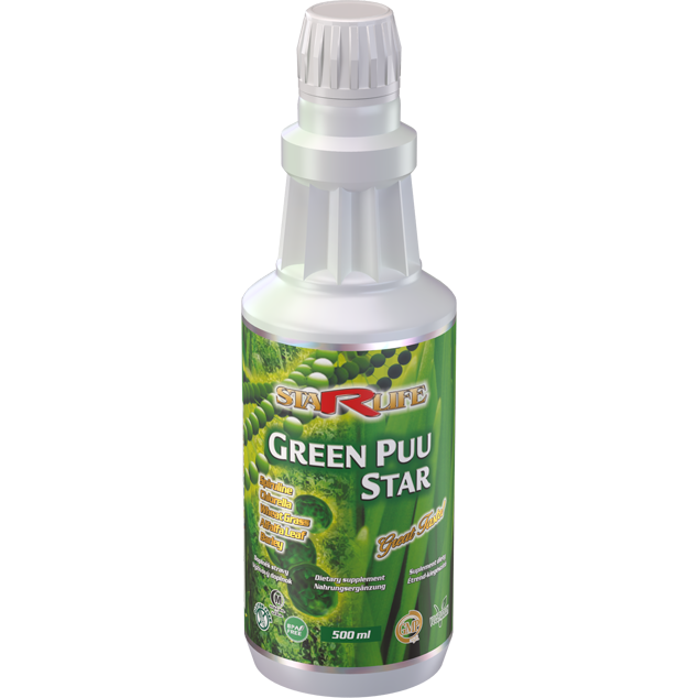 Green Puu Star 500 ml dietary supplement for digestion, detoxification, and vitality with chlorophyll, spirulina, chlorella, alfalfa, barley, and wheat extracts