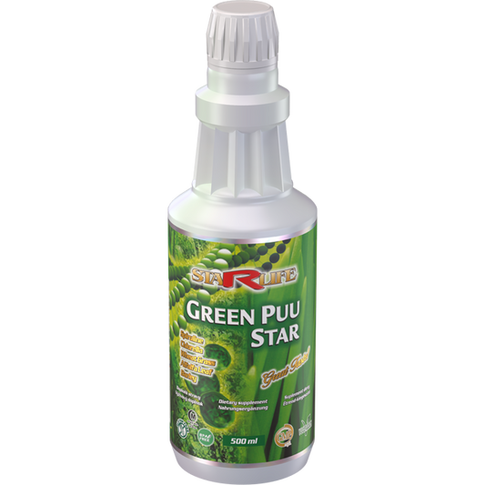Green Puu Star 500 ml dietary supplement for digestion, detoxification, and vitality with chlorophyll, spirulina, chlorella, alfalfa, barley, and wheat extracts