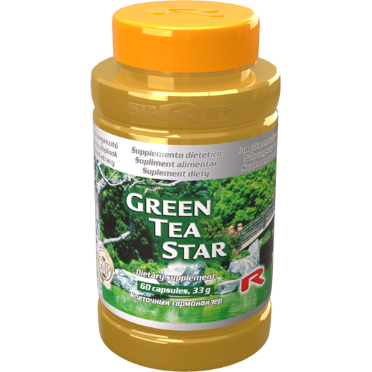 Green Tea Star dietary supplement bottle with 60 capsules containing green tea extract.