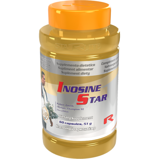 Inosine Star dietary supplement bottle with 60 capsules for energy and muscle performance enhancement