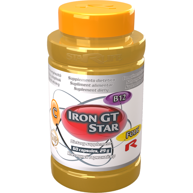 Iron GT Star dietary supplement bottle with 60 capsules for energy, immune support, and red blood cell production iron supplement