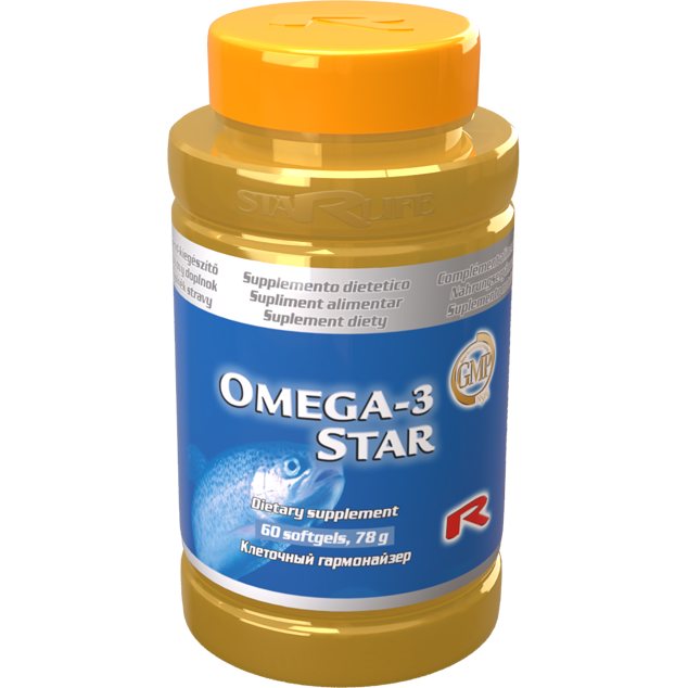 Omega-3 Star dietary supplement bottle with 60 softgels for heart and circulatory health