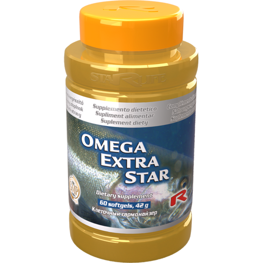 Bottle of Omega Extra Star Omega-3 dietary supplement with 60 softgels for heart and circulatory health