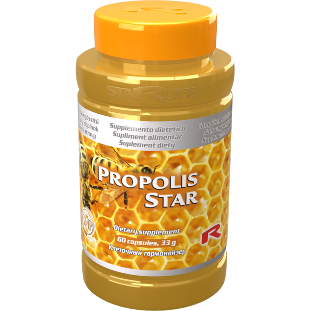 Propolis Star dietary supplement bottle with 60 capsules and honeycomb design