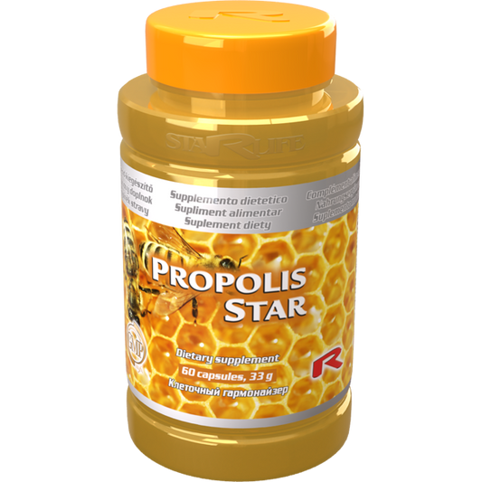 Propolis Star dietary supplement bottle with 60 capsules and honeycomb design