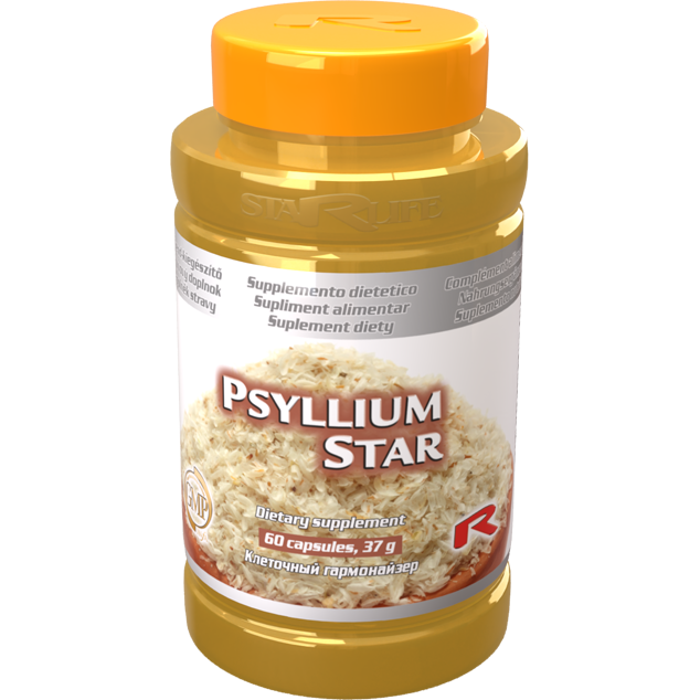 Psyllium Star dietary supplement bottle with 60 capsules for digestive health and constipation relief