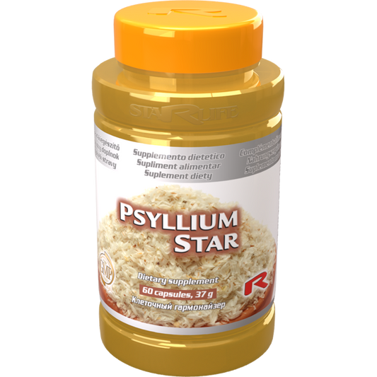 Psyllium Star dietary supplement bottle with 60 capsules for digestive health and constipation relief