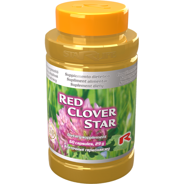 Red Clover Star dietary supplement bottle with 60 capsules for immune support and detoxification