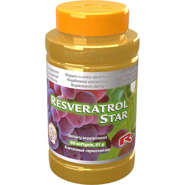 Bottle of Resveratrol Star dietary supplement with 60 softgels containing grape seed extract and coenzyme Q10